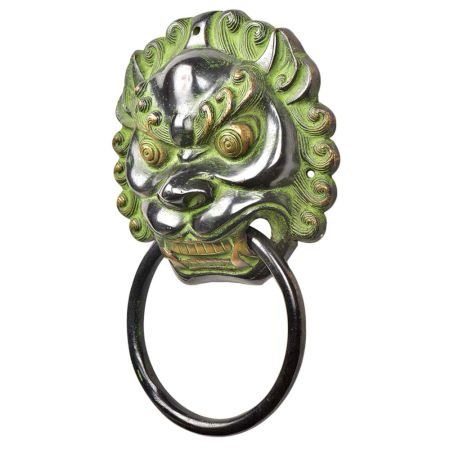 Black Brass Foo Fu Dog Lion Head Ring Door Knocker With Patina